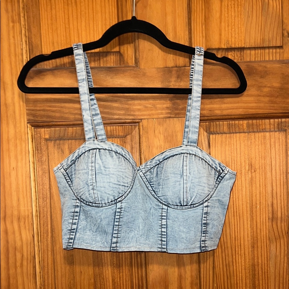 Women’s Medium Faux Denim Corset Crop Top – Adjustable Straps – NWT Without Tags